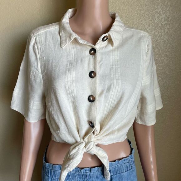 Free People Button Up Front Tie Linen Blend Top Ivory Large NWT - Picture 1 of 5